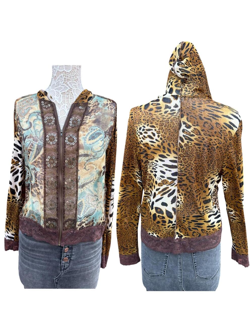 Jaipur Mixed Animal Print & Paisley Sequin Hooded Zip Up Jacket